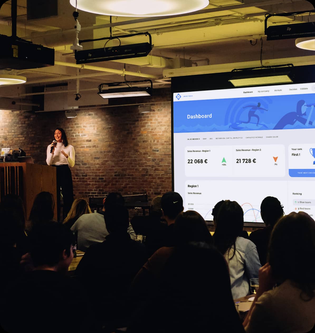 Professional presenting financial dashboard at a business workshop